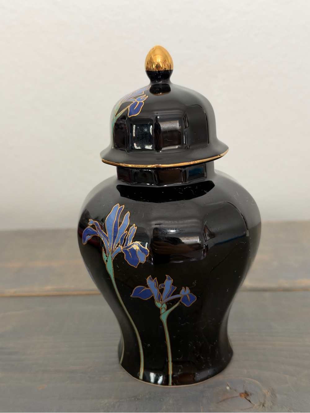 Vintage Otagiri Japan Blue Iris Ginger Jar & Trinket Box Set Black Floral - Picture 3 of 16